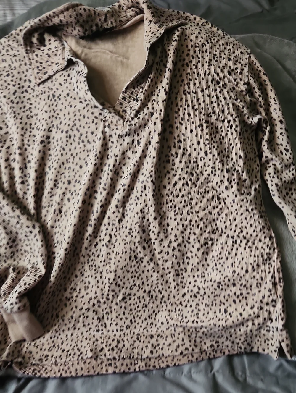Jane and Delancey Taupe Long-Sleeve Polo with Black Dot Print